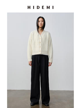 HIDEMI 澳洲美利奴羊毛混纺花式圈圈纱加厚款V领宽边开衫毛衣