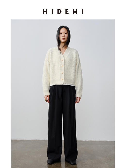 HIDEMI 澳洲美利奴羊毛混纺花式圈圈纱加厚款V领宽边开衫毛衣 商品图0