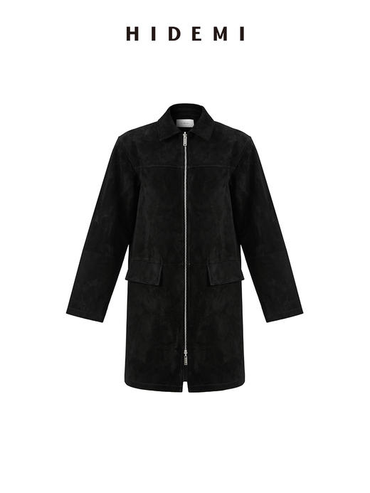 HIDEMI 麂皮极简拉链廓形口袋式中长款皮衣大衣套装 外套/中短裤 商品图10