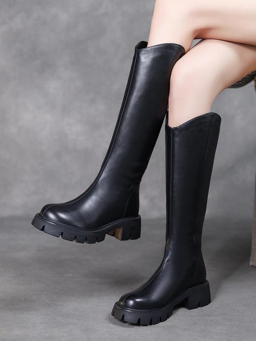 FR 23791骑士靴真皮中跟软皮大筒围全皮高筒靴 商品图0