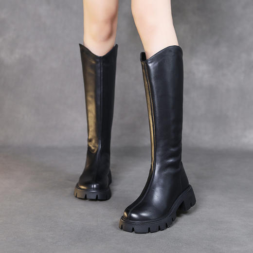 FR 23791骑士靴真皮中跟软皮大筒围全皮高筒靴 商品图1