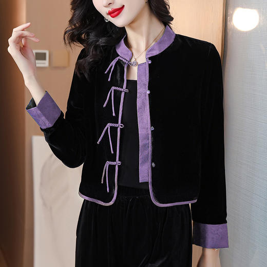 新中式丝绒短款外套，时尚优雅复古盘扣黑色开衫上衣AHM-ss3192 商品图0