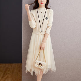 新款时尚假两件针织连衣裙网纱裙秋冬新款洋气质配大衣的毛衣裙CC-53-5862