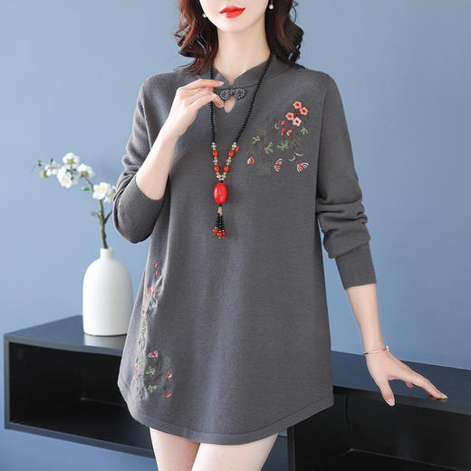 中长款毛衣女遮屁股中式刺绣盘扣上衣秋冬2023新款宽松遮肚打底衫CC-56-2837 商品图3