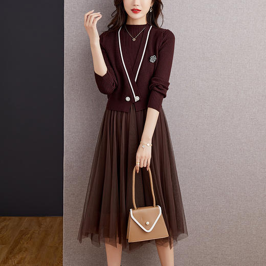新款时尚假两件针织连衣裙网纱裙秋冬新款洋气质配大衣的毛衣裙CC-53-5862 商品图1