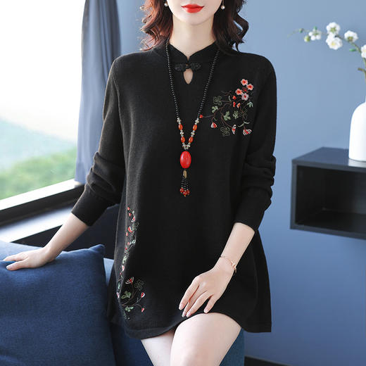 中长款毛衣女遮屁股中式刺绣盘扣上衣秋冬2023新款宽松遮肚打底衫CC-56-2837 商品图2