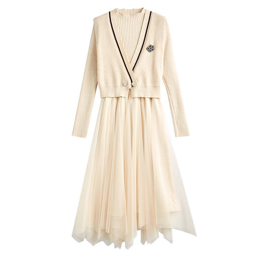 新款时尚假两件针织连衣裙网纱裙秋冬新款洋气质配大衣的毛衣裙CC-53-5862 商品图4