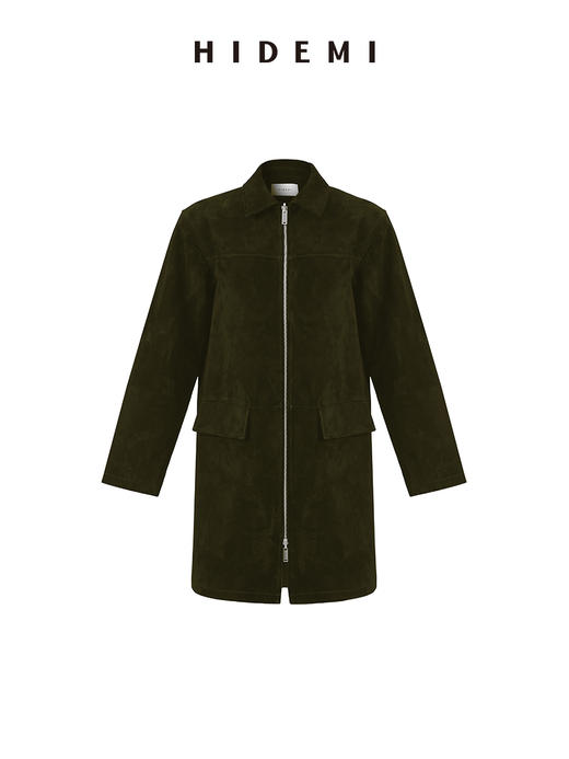 HIDEMI 麂皮极简拉链廓形口袋式中长款皮衣大衣套装 外套/中短裤 商品图9