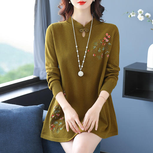 中长款毛衣女遮屁股中式刺绣盘扣上衣秋冬2023新款宽松遮肚打底衫CC-56-2837 商品图0