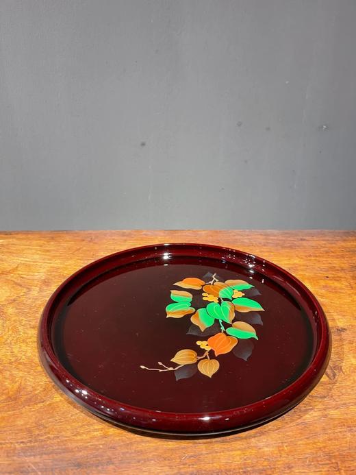 绘五彩花叶纹褐红漆茶盘，顺丰包邮 商品图0