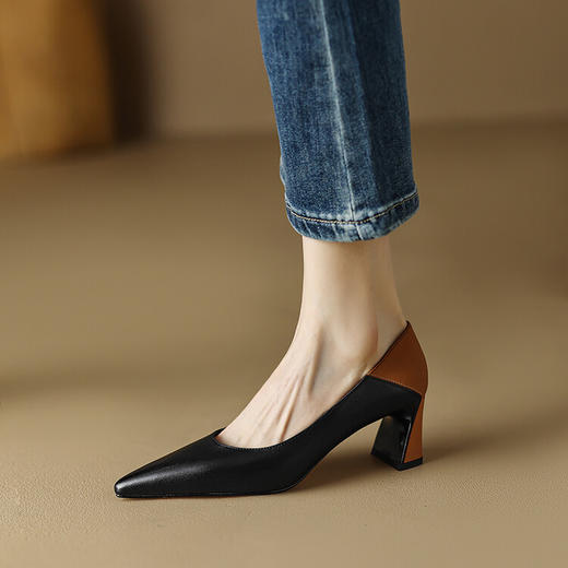 【预售5天】真皮高级感拼色尖头高跟鞋女春季新款细跟单鞋YS&0396-5 商品图4