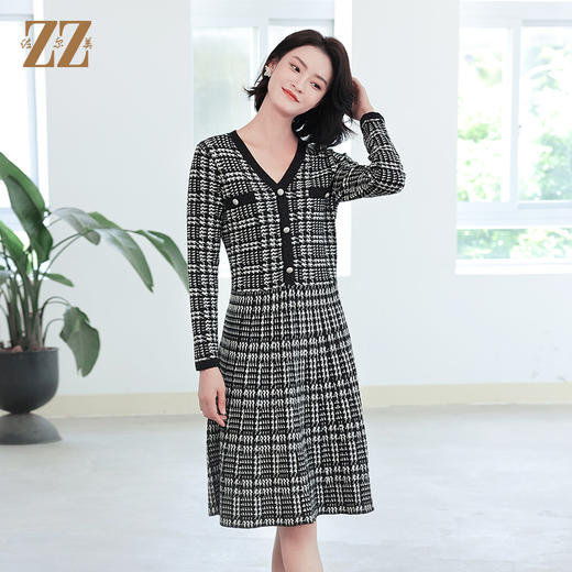 佐尔美秋冬新款 气质格子条纹羊毛连衣裙女E14ML11 商品图2