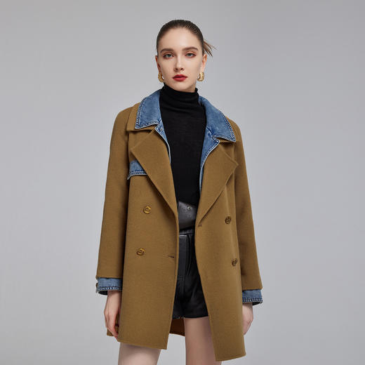 NH912斯尔丽23冬上新双面呢时尚拼接可脱卸牛仔领减龄显瘦大衣女 商品图0