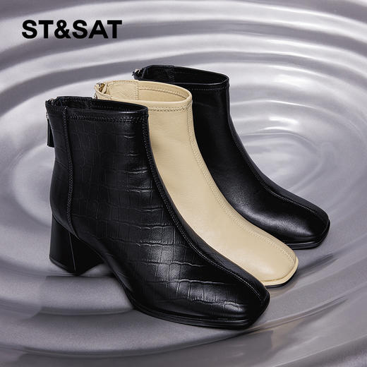 【绒里可选】星期六气质方头舒适粗高跟短靴SS34116563/SS3411856B 商品图0