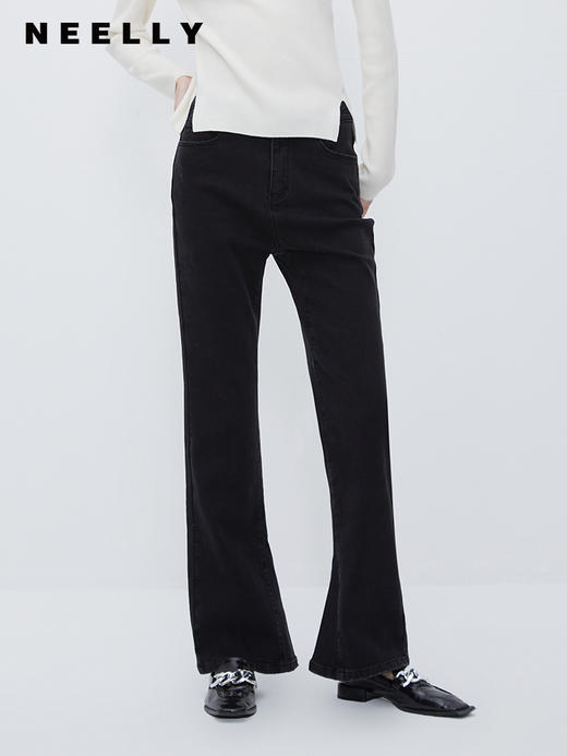 NEELLY纳俪商场同款高腰磨毛微喇裤女冬季百搭显瘦黑色弹力牛仔裤N23103H01103 商品图0