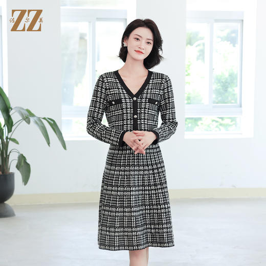 佐尔美秋冬新款 气质格子条纹羊毛连衣裙女E14ML11 商品图0