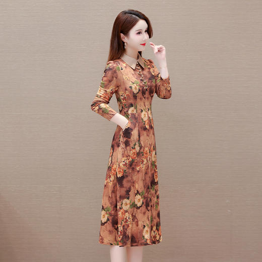 秋季新款，妈妈装中长裙长袖女装长款A字裙娃娃领印花连衣裙QYM-LRX-HJY9771-Y 商品图1