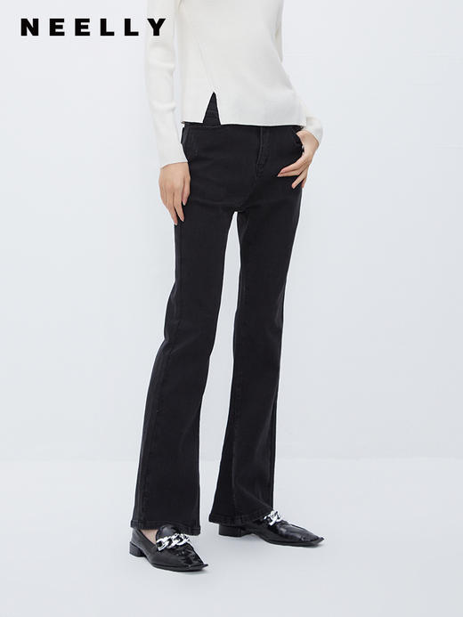 NEELLY纳俪商场同款高腰磨毛微喇裤女冬季百搭显瘦黑色弹力牛仔裤N23103H01103 商品图1