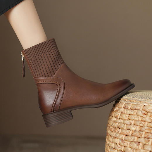 方头切尔西靴粗跟短靴，弹力针织袜靴高跟时装靴NJMK-K750 商品图2
