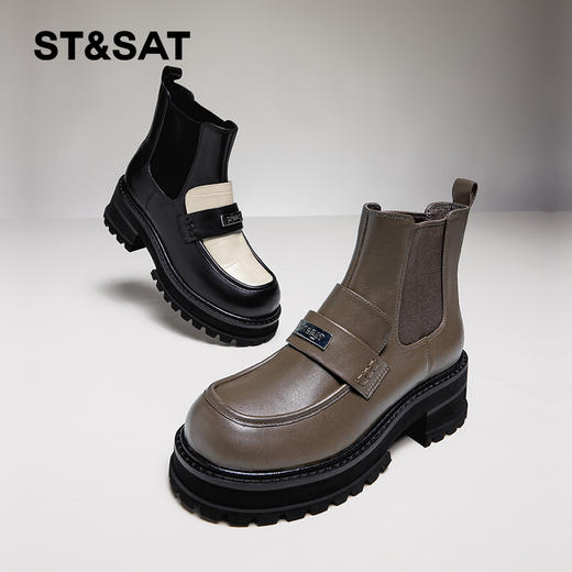 星期六英伦拼色松糕厚底烟筒短靴SS34116513 商品图0