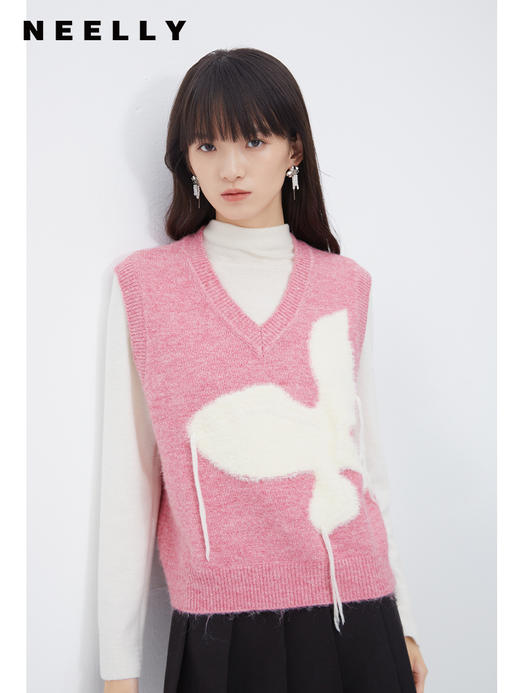 NEELLY纳俪商场同款粉色毛衣马甲女 V领温柔减龄叠穿外搭坎肩上衣N23103A01081 商品图2