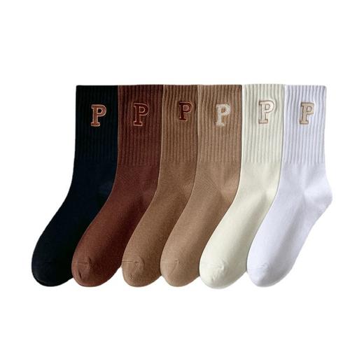 「5双装！数款组合」春秋季配鲨鱼裤字母刺绣中筒袜 纯色棉袜网红款长袜外穿运动高筒袜配饰 商品图4