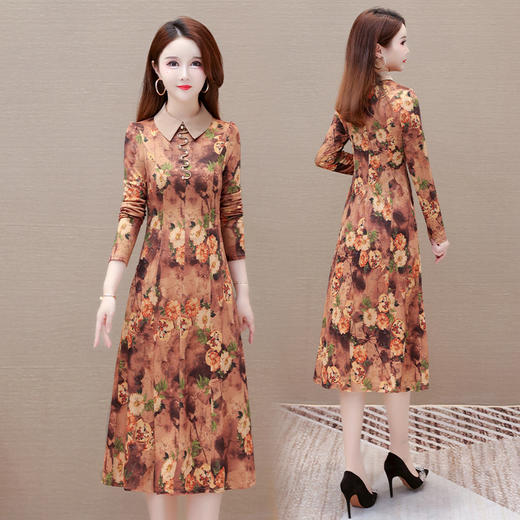 秋季新款，妈妈装中长裙长袖女装长款A字裙娃娃领印花连衣裙QYM-LRX-HJY9771-Y 商品图2