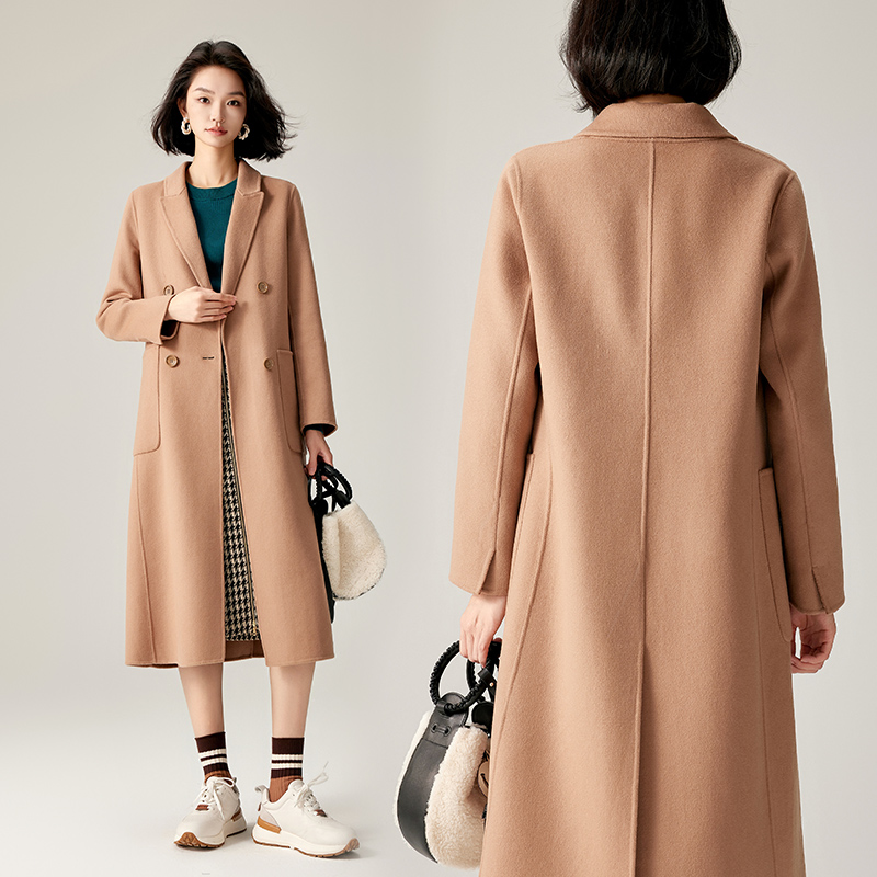【商场同款】CJCI011 时尚气质毛呢大衣 双面呢  摩卡色 摩登通勤 双排扣气质款中长大衣 绵羊毛 气质