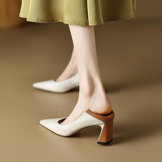 【预售5天】真皮高级感拼色尖头高跟鞋女春季新款细跟单鞋YS&0396-5 商品图1