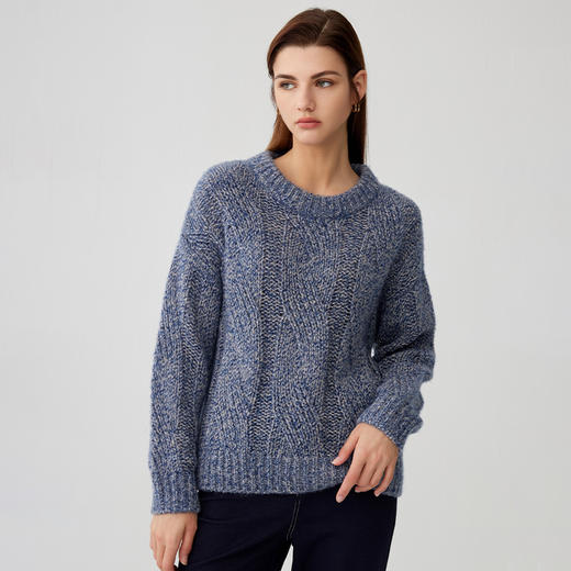 【羊绒+桑蚕丝粗棒针羊绒衫】羊绒世家秋冬新品女士圆领套头针织衫时尚镂空保暖羊绒衫 商品图1