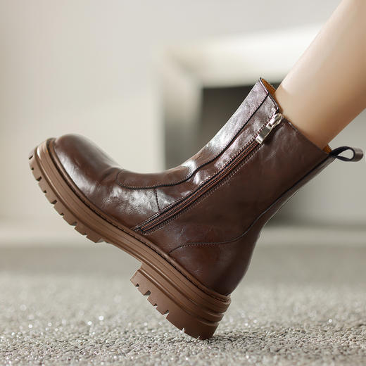 阿么手工女鞋皮带扣酷帅机车风短靴5CM潮流时尚骑士圆头厚底复古 商品图4