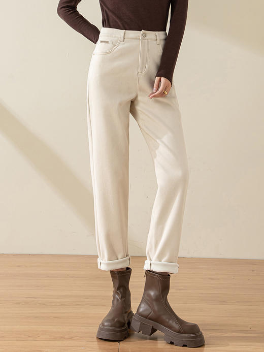 【龙贝莱精选】加绒高腰米白色牛仔裤显瘦休闲老爹裤H234060558预售款 商品图4