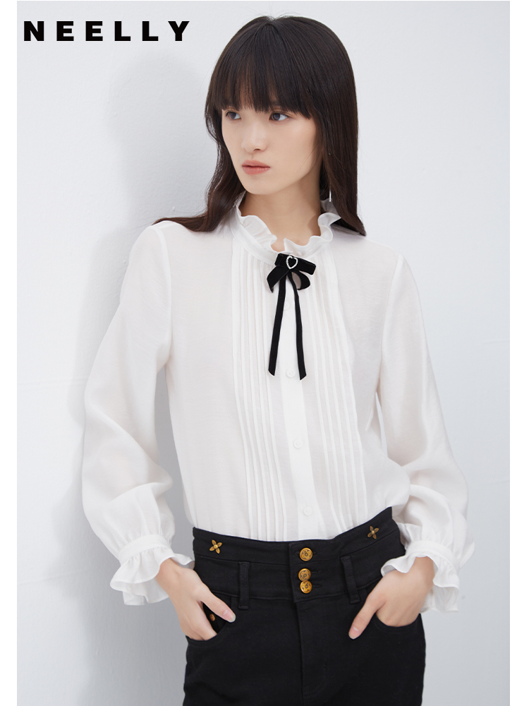 法式花边领白衬衫NEELLY纳俪商场同款高级感蝴蝶结长袖洋气雪纺衫N23103B01086