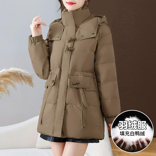 连帽厚款羽绒服，时尚新款拉链牛角扣中长款休闲羽绒服冬季保暖女装QYM-KED-338052-Y 商品图7