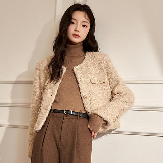 西遇小香风毛呢外套套装女2023秋冬新款圆领杏色夹克美拉德直筒裤12238780/12238666/12238781 商品图4