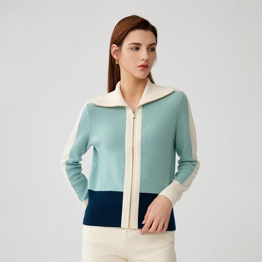 【纯羊绒撞色针织开衫】羊绒世家秋冬新品女士100%山羊绒针织外套时尚撞色开衫 商品图2
