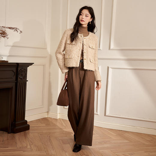 西遇小香风毛呢外套套装女2023秋冬新款圆领杏色夹克美拉德直筒裤12238780/12238666/12238781 商品图1