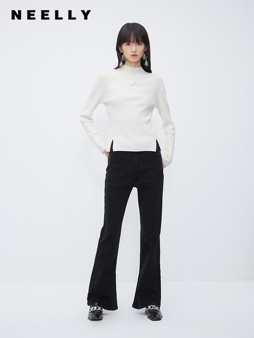 NEELLY纳俪商场同款高腰磨毛微喇裤女冬季百搭显瘦黑色弹力牛仔裤N23103H01103 商品图2