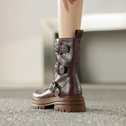 阿么手工女鞋皮带扣酷帅机车风短靴5CM潮流时尚骑士圆头厚底复古 商品图2