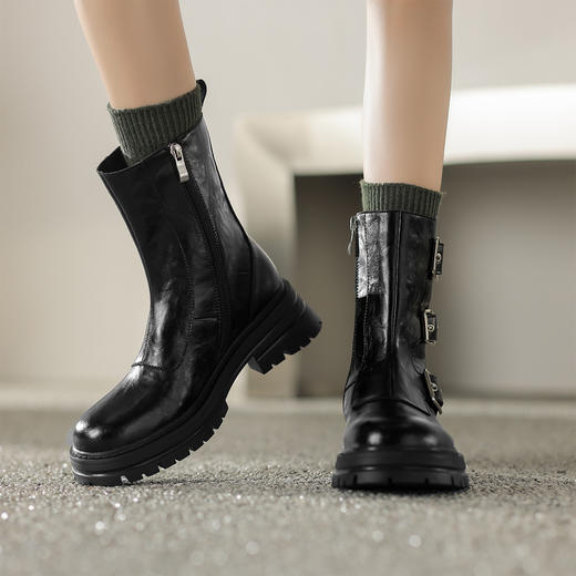 阿么手工女鞋皮带扣酷帅机车风短靴5CM潮流时尚骑士圆头厚底复古 商品图1