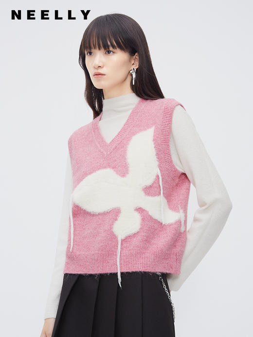 NEELLY纳俪商场同款粉色毛衣马甲女 V领温柔减龄叠穿外搭坎肩上衣N23103A01081 商品图0