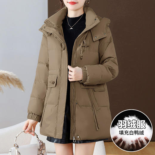 连帽厚款羽绒服，时尚新款拉链牛角扣中长款休闲羽绒服冬季保暖女装QYM-KED-338052-Y 商品图1