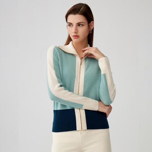 【纯羊绒撞色针织开衫】羊绒世家秋冬新品女士100%山羊绒针织外套时尚撞色开衫 商品图1