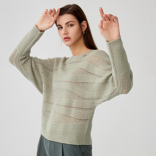 【羊绒+桑蚕丝镂空套衫】羊绒世家秋冬新品女士圆领针织套衫时尚镂空针织套衫 商品图2