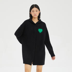 谜底2022秋新款趣味图案连帽开衫宽松中长款针织衫女223MZ1387