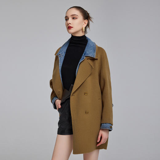 NH912斯尔丽23冬上新双面呢时尚拼接可脱卸牛仔领减龄显瘦大衣女 商品图2