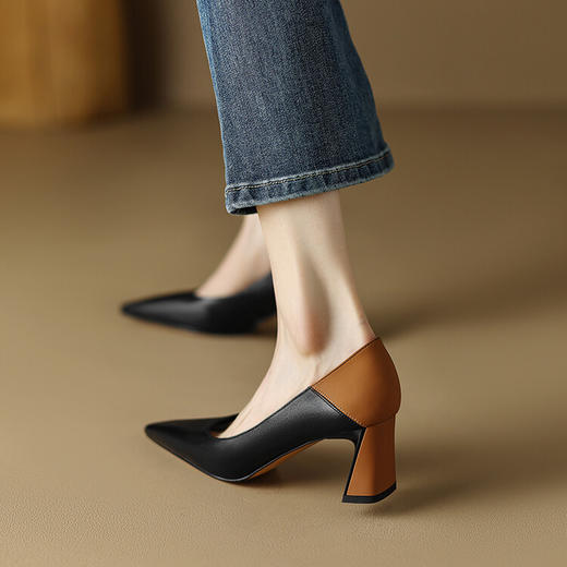 【预售5天】真皮高级感拼色尖头高跟鞋女春季新款细跟单鞋YS&0396-5 商品图3