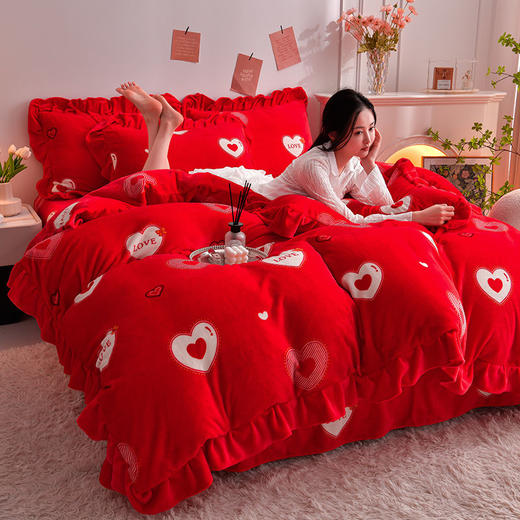 DD-新款冬季加厚牛奶绒四件套床裙款珊瑚绒花边双面被套床上用品 商品图4