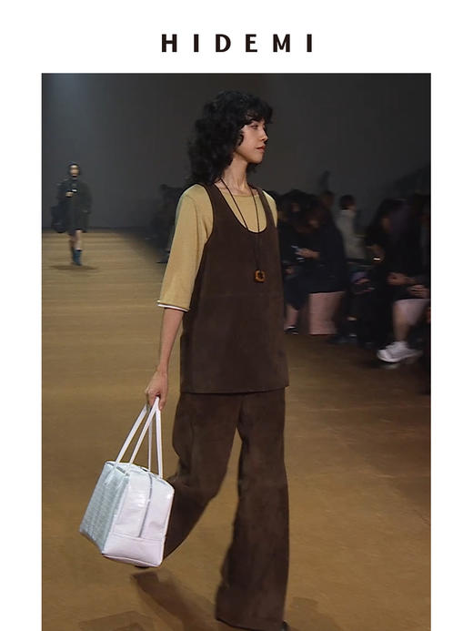 HIDEMI麂皮极简设计感圆领背心马夹长裤皮衣套装 背心上衣/阔腿裤 商品图4