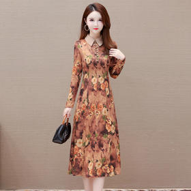 秋季新款，妈妈装中长裙长袖女装长款A字裙娃娃领印花连衣裙QYM-LRX-HJY9771-Y